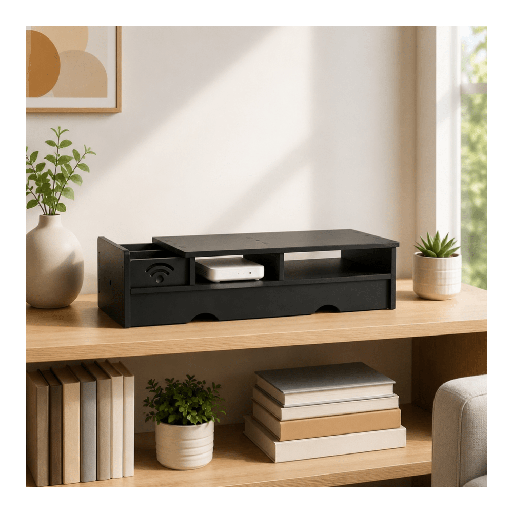 Desk Setup Bedroom - Black Matte WiFi Router Storage Box