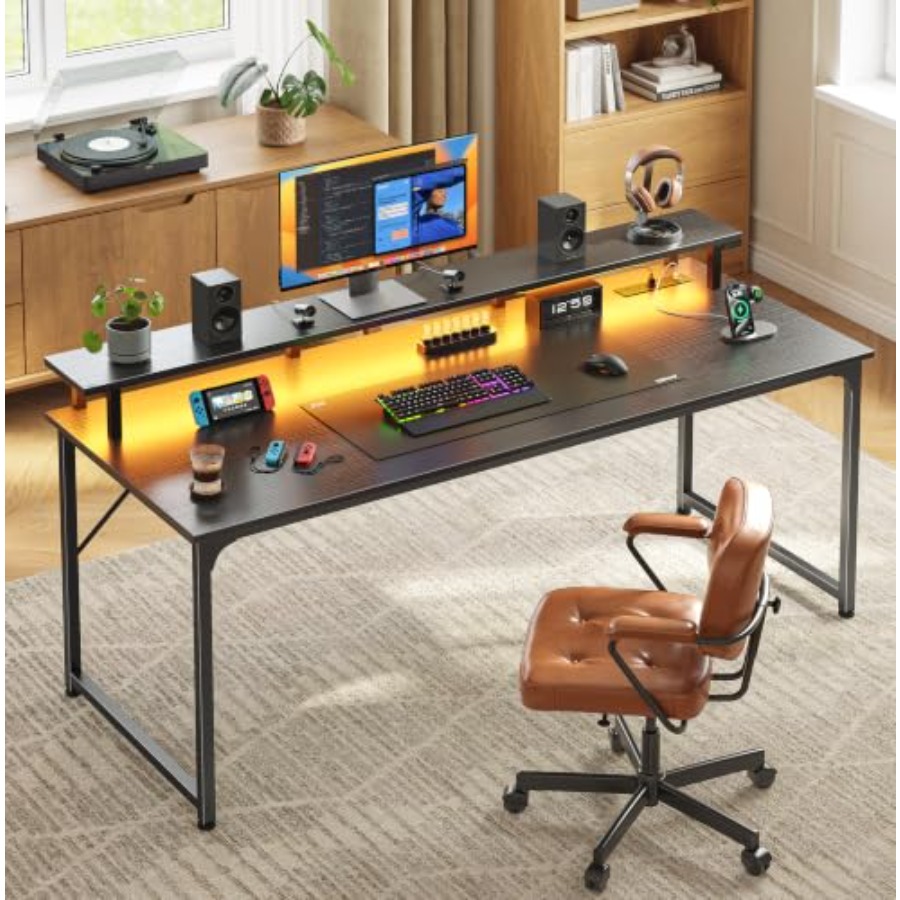 Gaming Desk with LED Lighting  - Desk Setup Black And Wood recension och pris