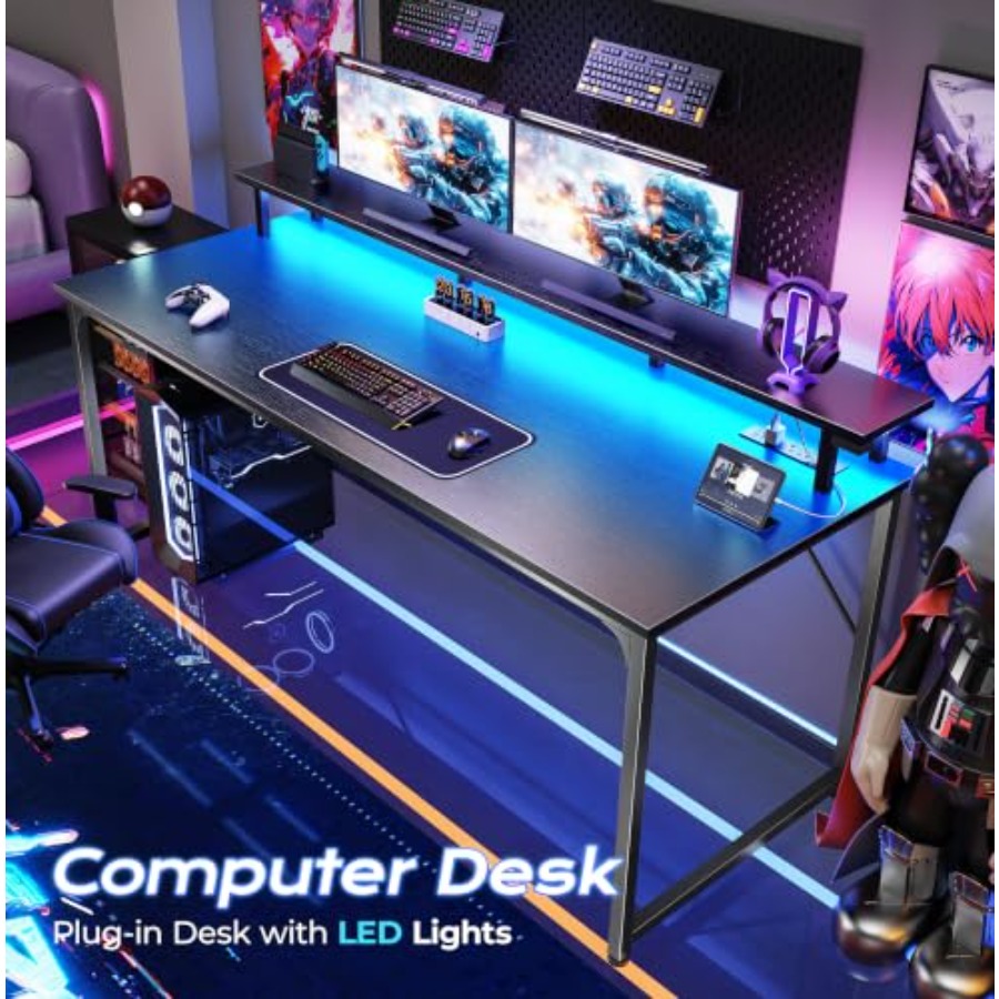 Gaming Desk with LED Lighting  - Desk Setup Black And Wood recension och pris