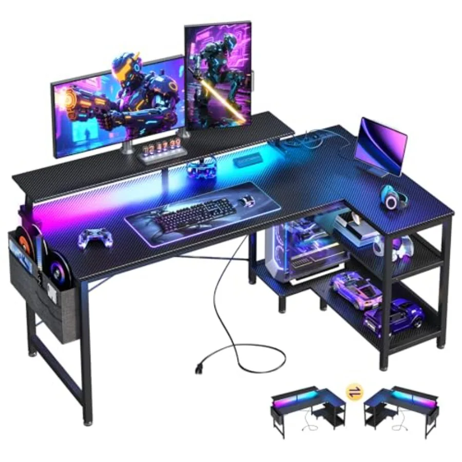 L Shaped Gaming Desk with LED  - Desk Setup Black And Wood recension och pris