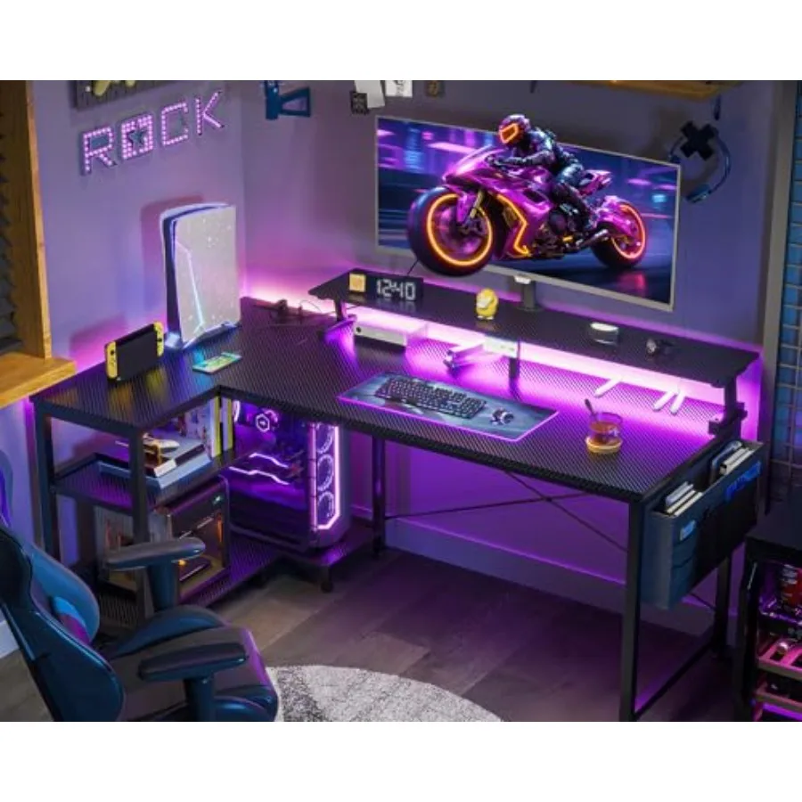 L Shaped Gaming Desk with LED  - Desk Setup Black And Wood recension och pris